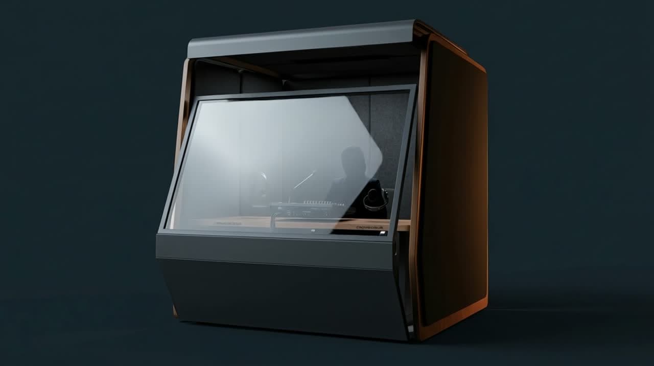 Interpretation booth mid-reveal, showing console, headsets, and receivers