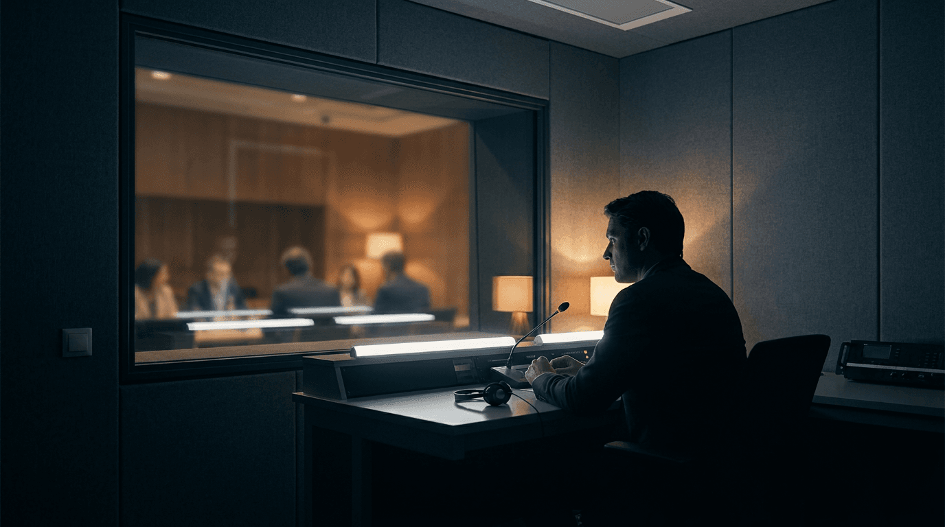Court-certified interpreter working inside a soundproof interpretation booth