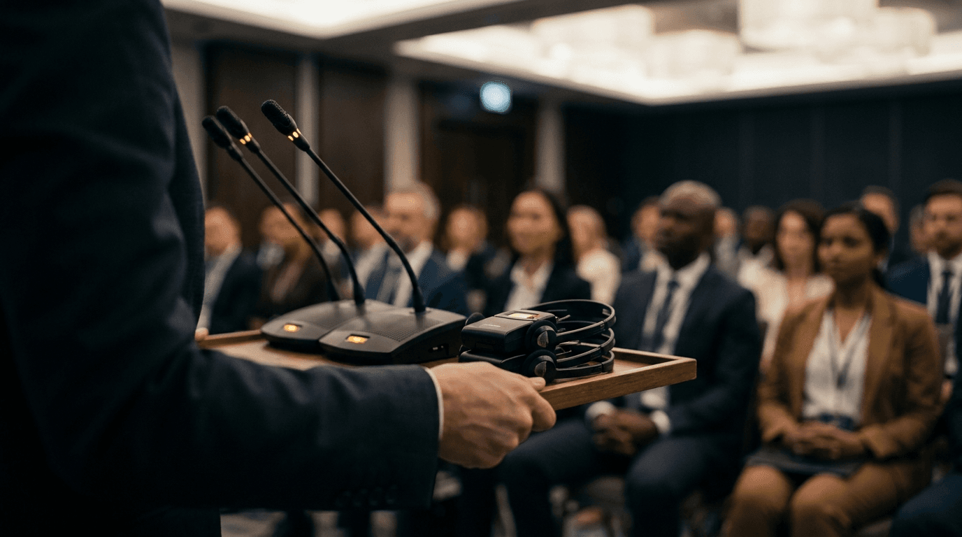 Interpretation receivers and headsets handed to a multilingual audience