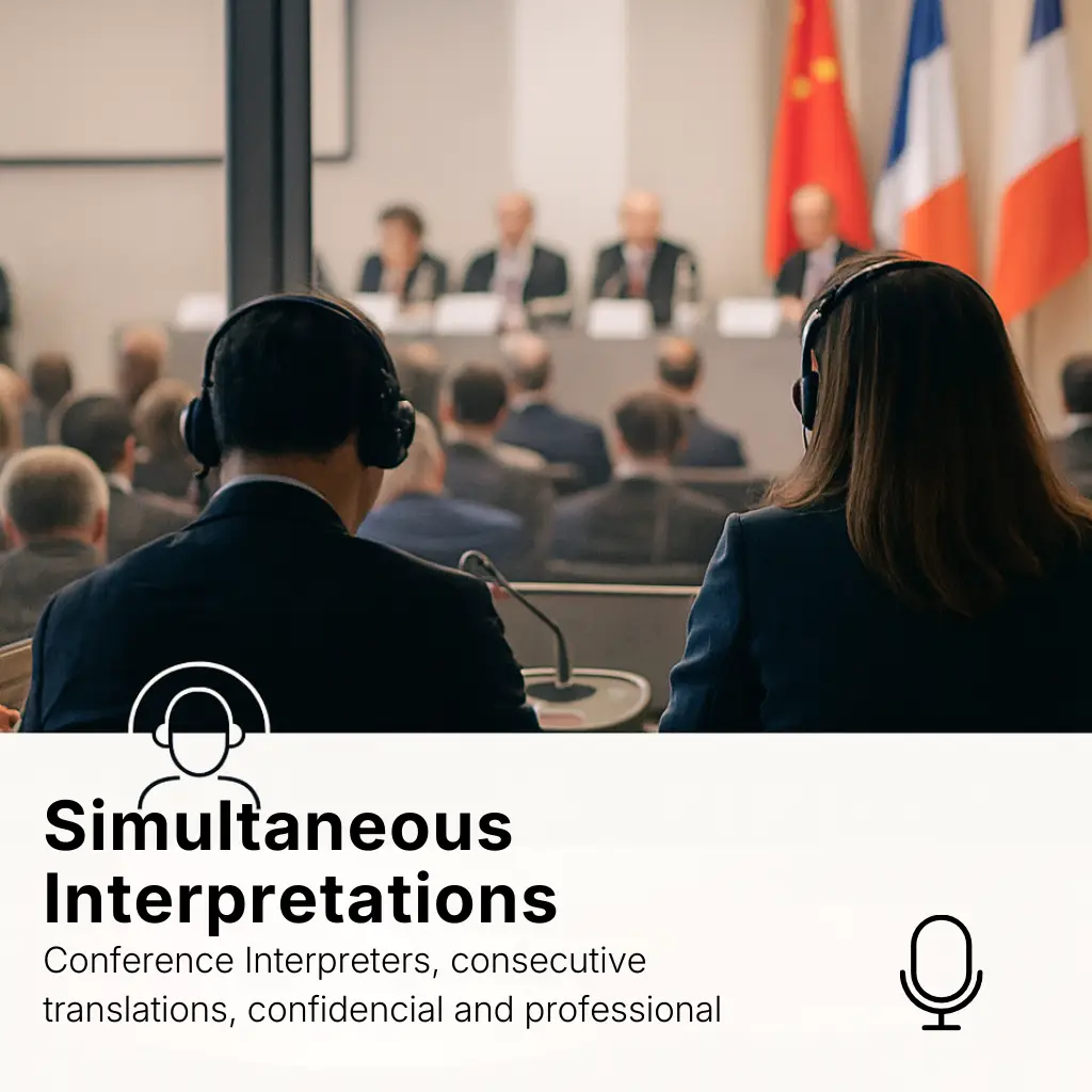 Conference interpreters at a meeting.